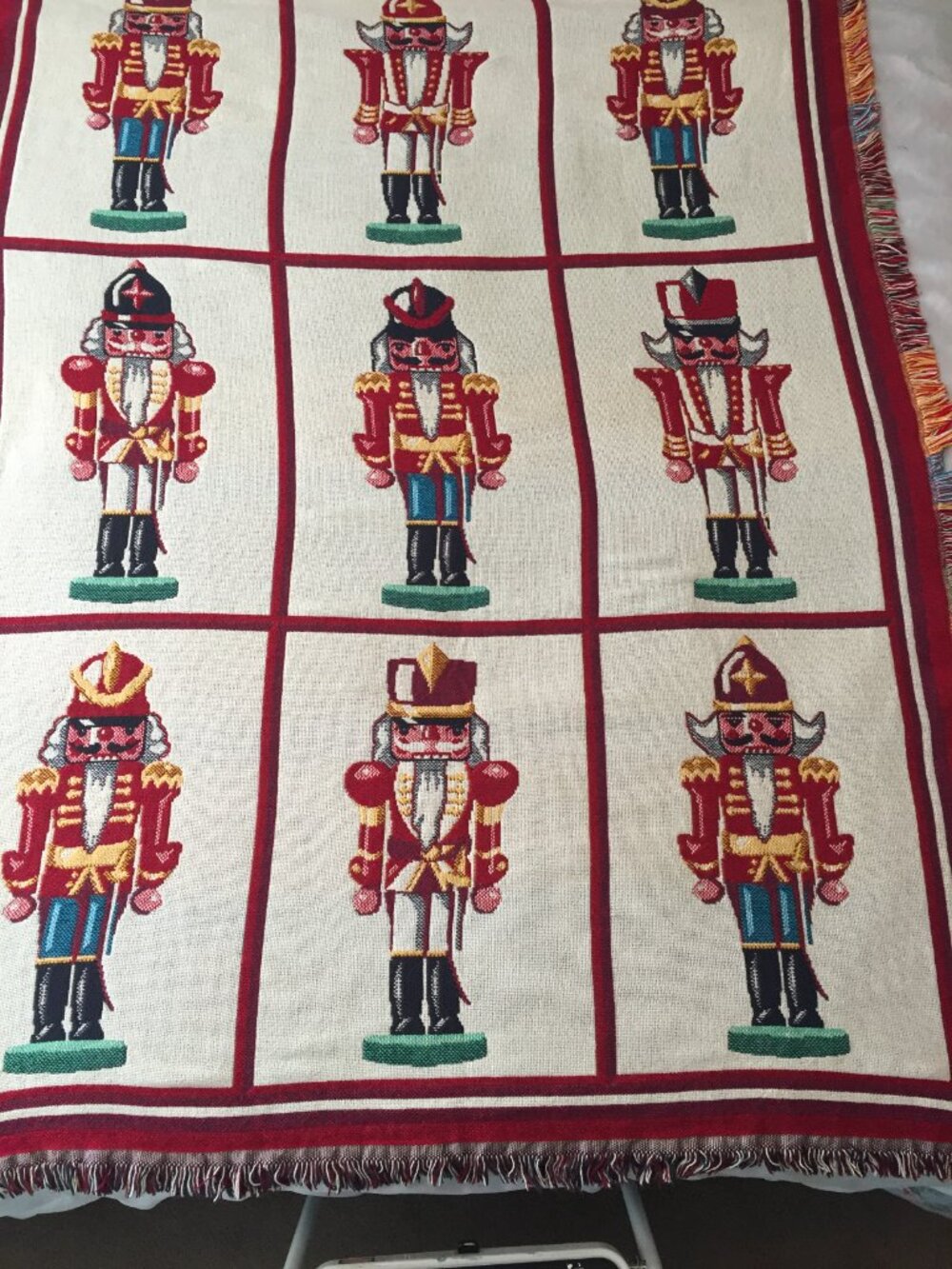 Vintage Throw Blanket Christmas Nutcrackers 49" x 68" Knit Fringe Goodwin Cotton